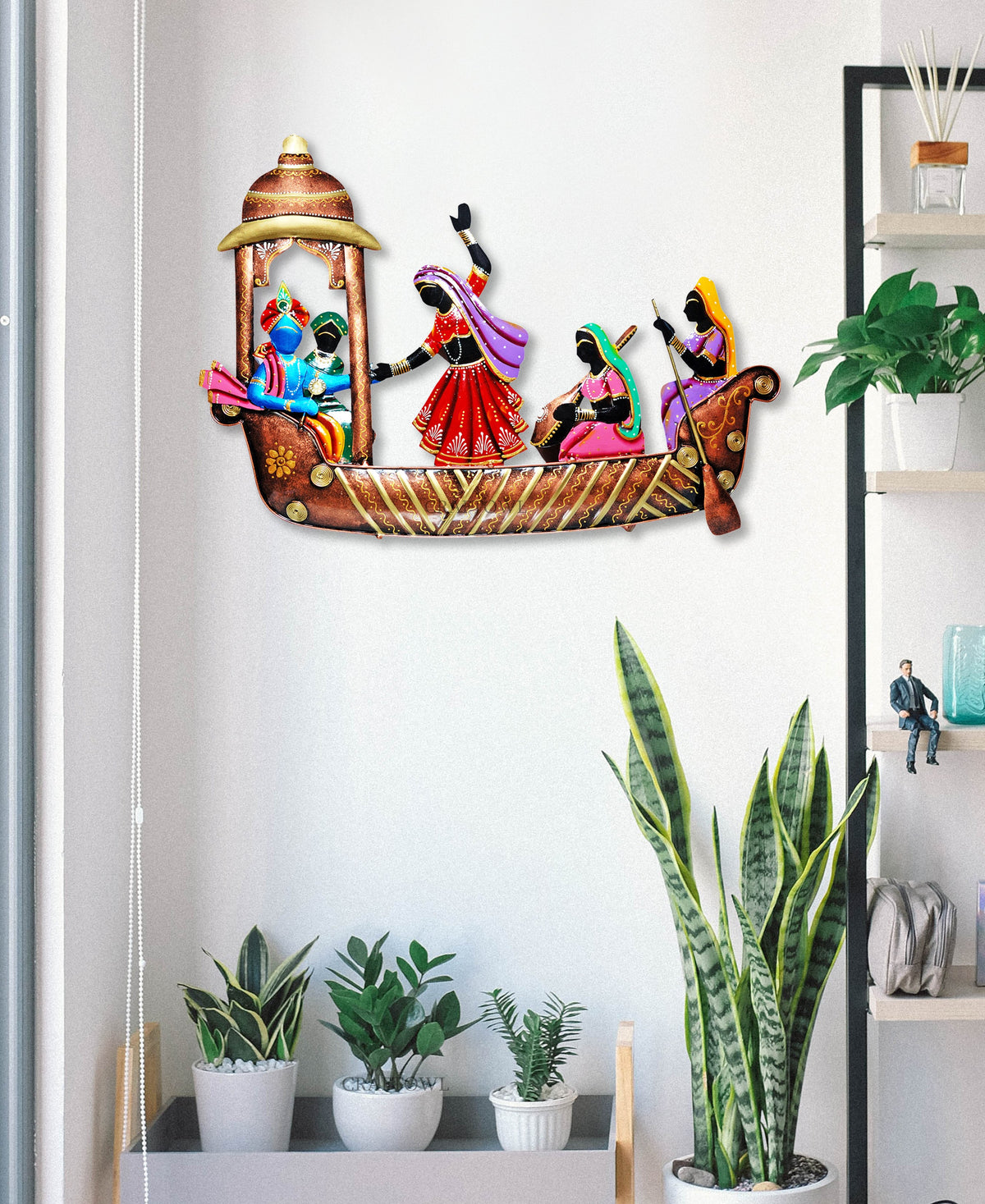 Metal Radha Krishna on Musician Ship Wrought Wall Hanging Home Decor & Office