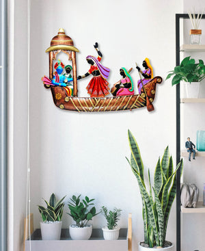 Metal Radha Krishna on Musician Ship Wrought Wall Hanging Home Decor & Office