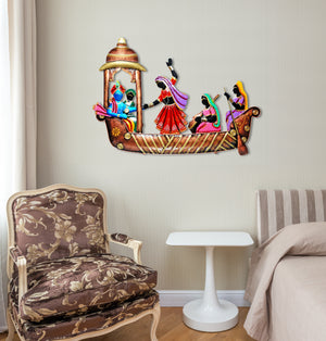Metal Radha Krishna on Musician Ship Wrought Wall Hanging Home Decor & Office