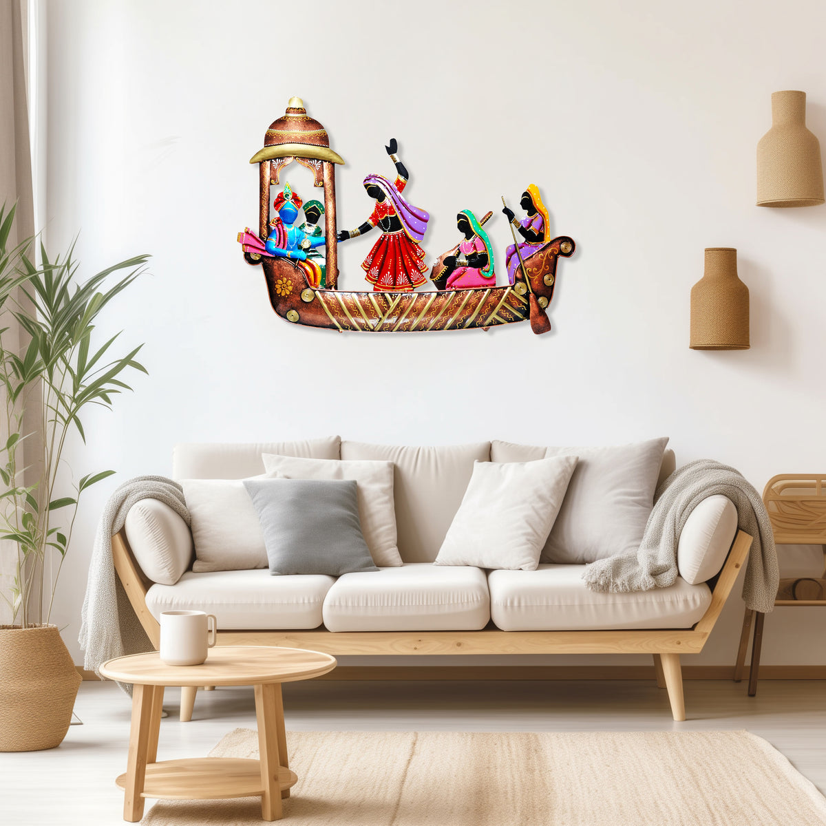 Metal Radha Krishna on Musician Ship Wrought Wall Hanging Home Decor & Office