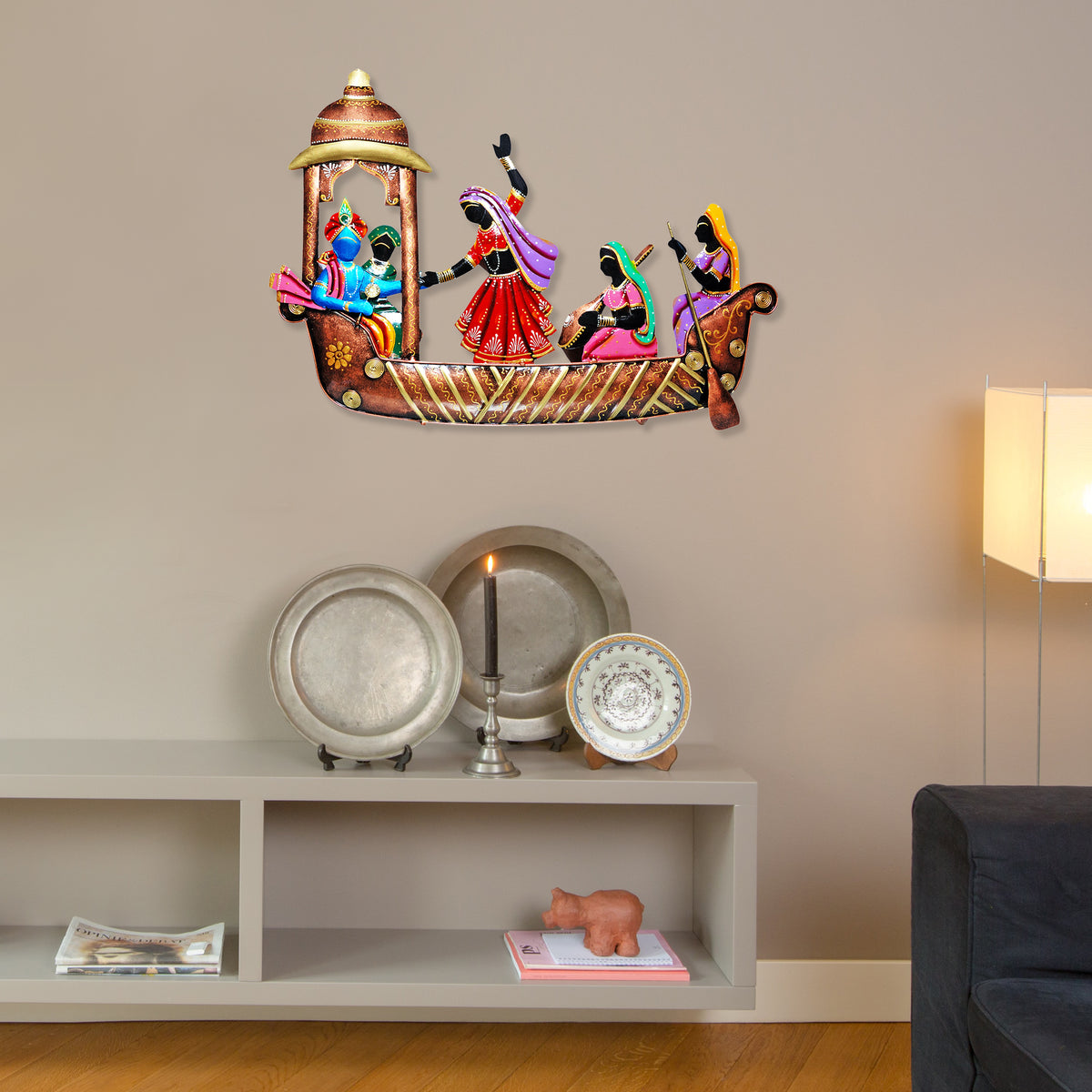 Metal Radha Krishna on Musician Ship Wrought Wall Hanging Home Decor & Office