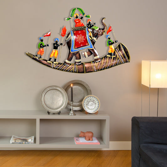 Craftowl Royal Elephant Baarat Metal Wall Hanging Handmade Emboss Painting Large Rajasthani Wall Decor, Indian Home Decor, 32 x 20 Inch