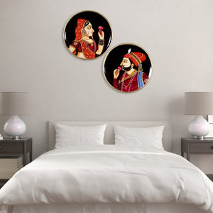 Rajput Raja Rani Pichwai Painting For Traditional Indian Wall Decor Wooden Plate Set of 2