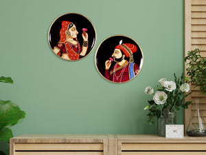 Rajput Raja Rani Pichwai Painting For Traditional Indian Wall Decor Wooden Plate Set of 2