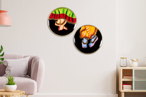 Wooden Radha Krishna Pichwai Wall Plate Set of 2 Traditional Indian Art