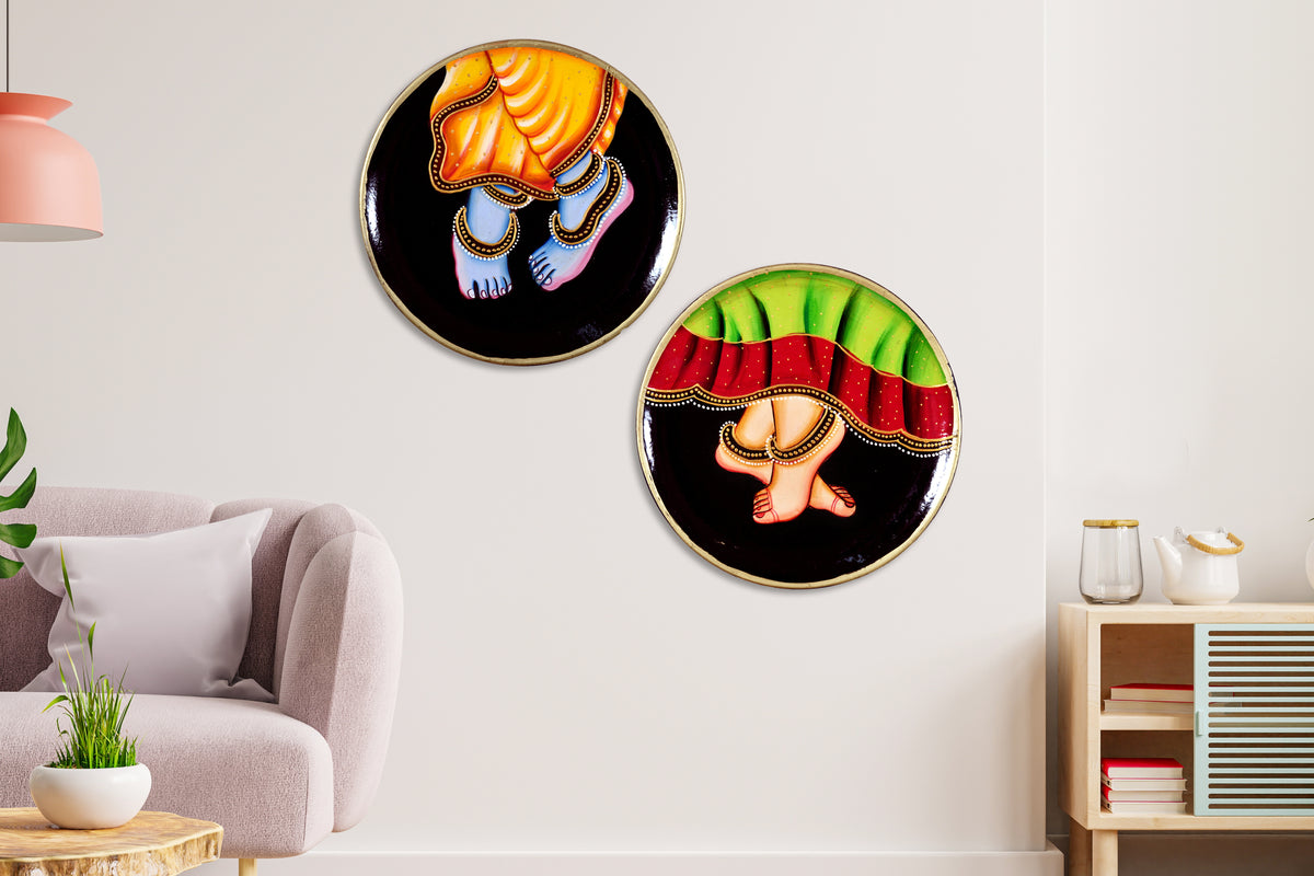 Wooden Radha Krishna Pichwai Wall Plate Set of 2 Traditional Indian Art