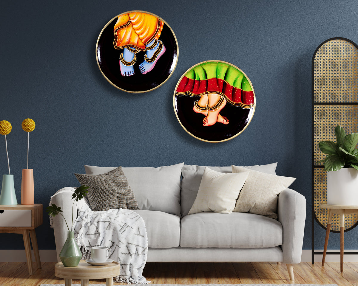 Wooden Radha Krishna Pichwai Wall Plate Set of 2 Traditional Indian Art
