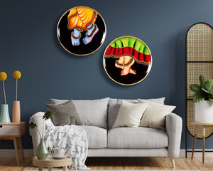 Wooden Radha Krishna Pichwai Wall Plate Set of 2 Traditional Indian Art