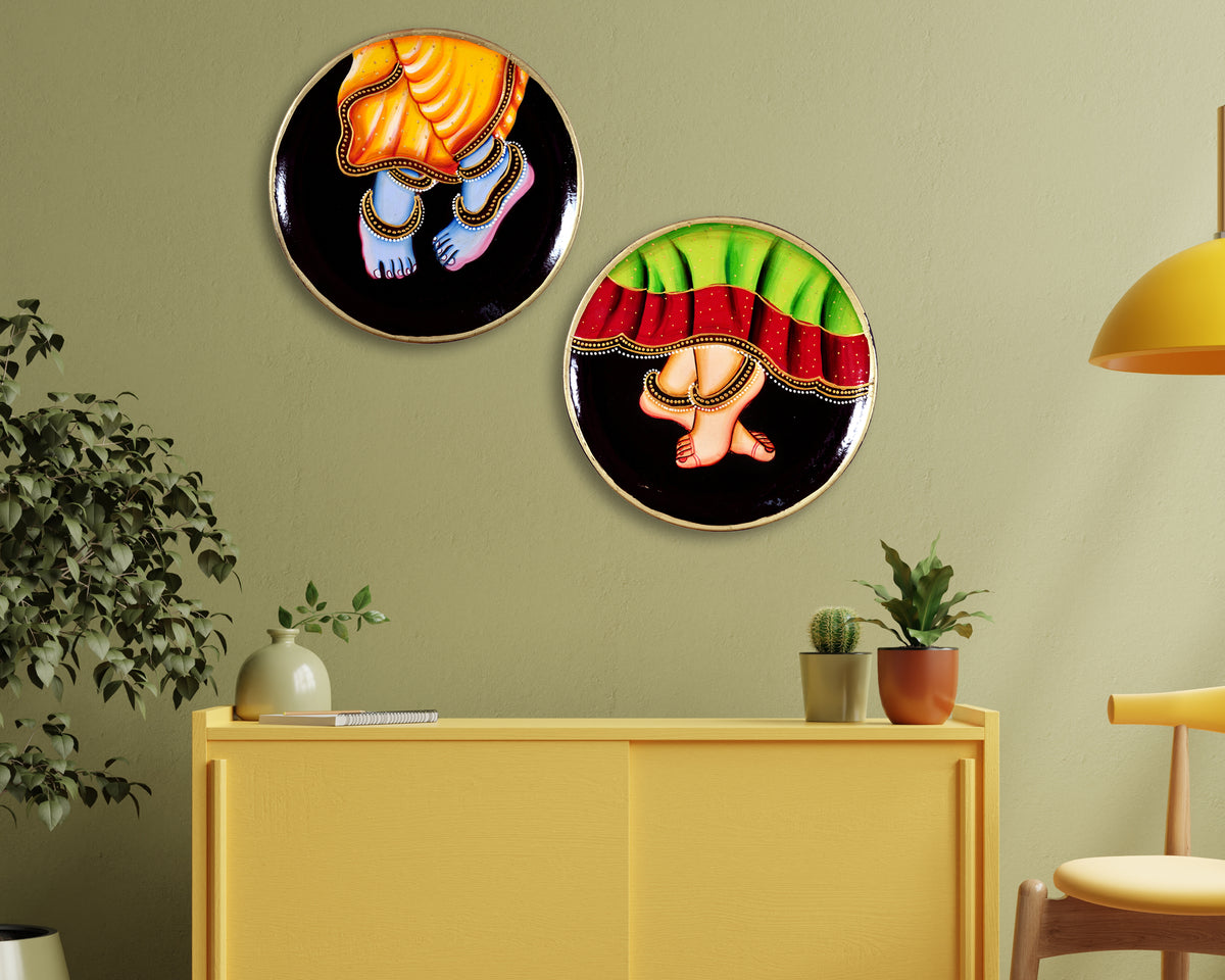 Wooden Radha Krishna Pichwai Wall Plate Set of 2 Traditional Indian Art