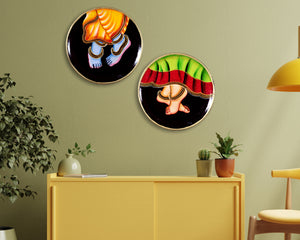 Wooden Radha Krishna Pichwai Wall Plate Set of 2 Traditional Indian Art