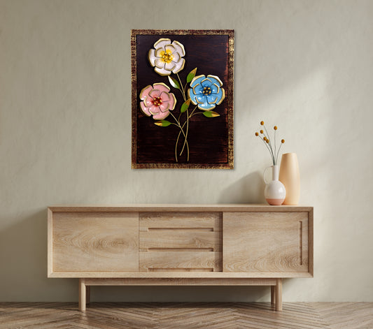 Metal Luxury Flower Wall Art with Wooden Frame for Home Decor