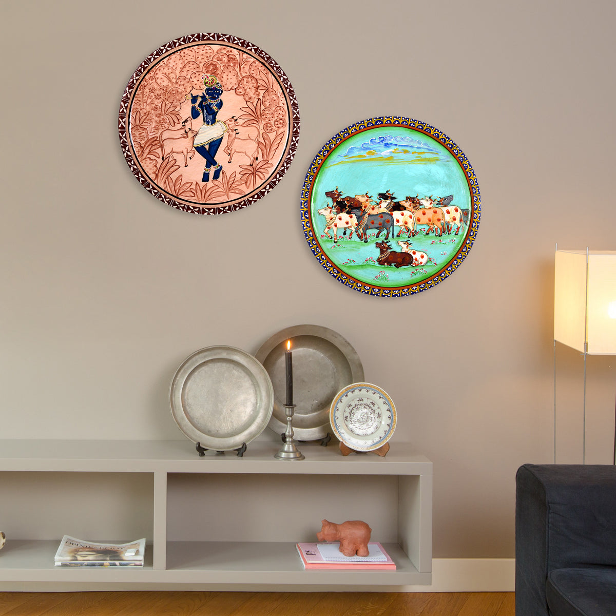 Wooden Krishna Pichwai Wall Plate Set of 2 Kamdhenu Cow For Home Decor