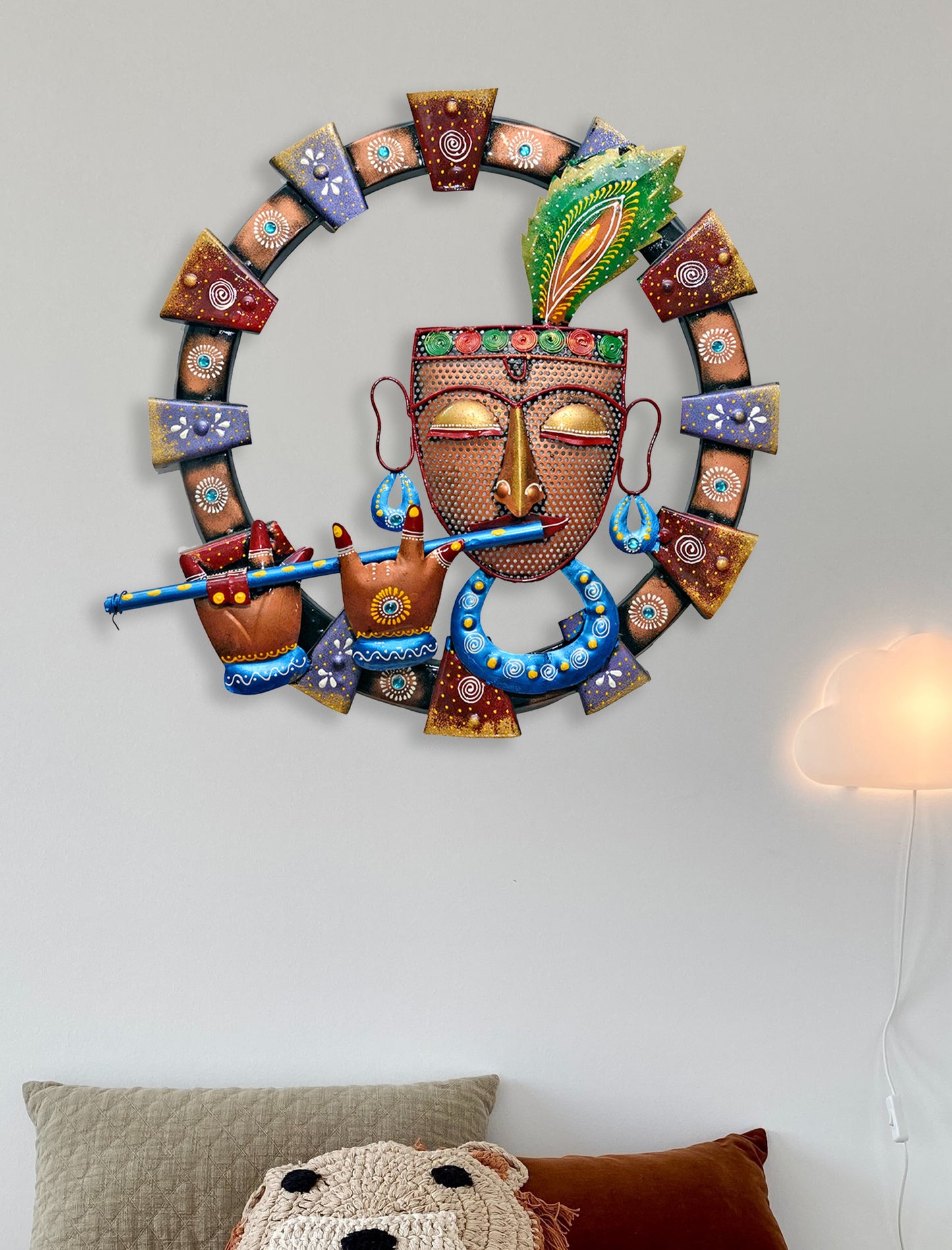 Metal Krishna Playing Flute Wall Hanging for Home Decor 19 Inch