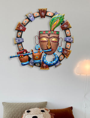 Metal Krishna Playing Flute Wall Hanging for Home Decor