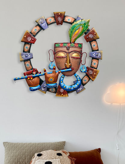 Metal Krishna Playing Flute Wall Hanging for Home Decor 19 Inch