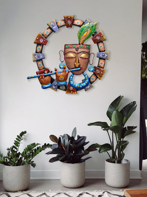 Metal Krishna Playing Flute Wall Hanging for Home Decor