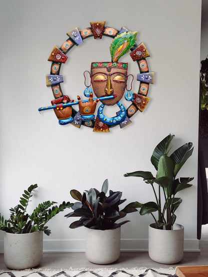 Metal Krishna Playing Flute Wall Hanging for Home Decor 19 Inch
