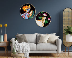 Radha Krishna Wooden Wall Decor Handpainted Pichwai Kamdhenu Cow Art