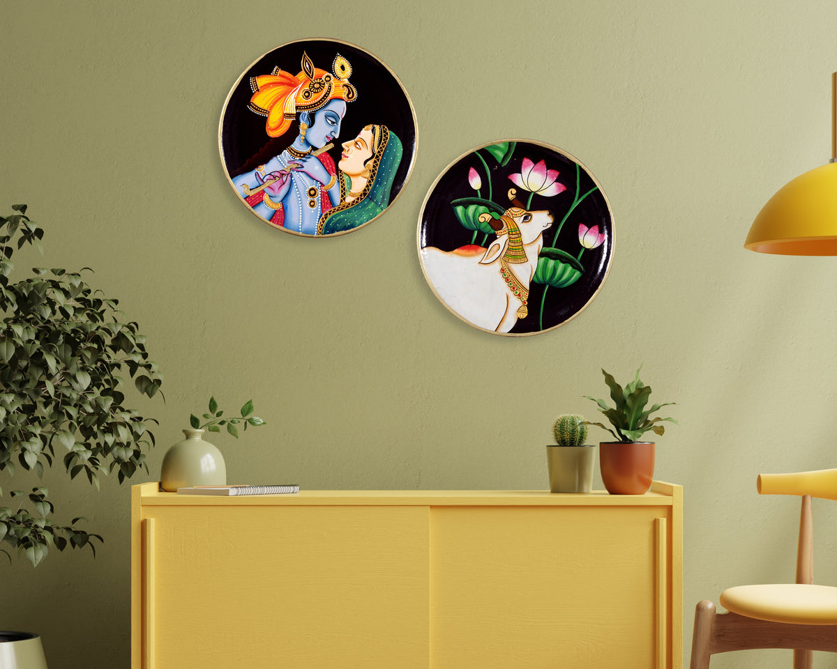Radha Krishna Wooden Wall Decor Handpainted Pichwai Kamdhenu Cow Art
