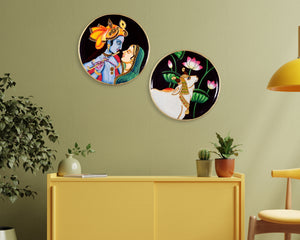 Radha Krishna Wooden Wall Decor Handpainted Pichwai Kamdhenu Cow Art