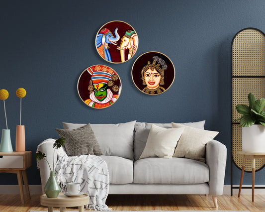 Hand-Painted Pichwai Plates Kerala Home Decor Indian Wall Art Set of 3