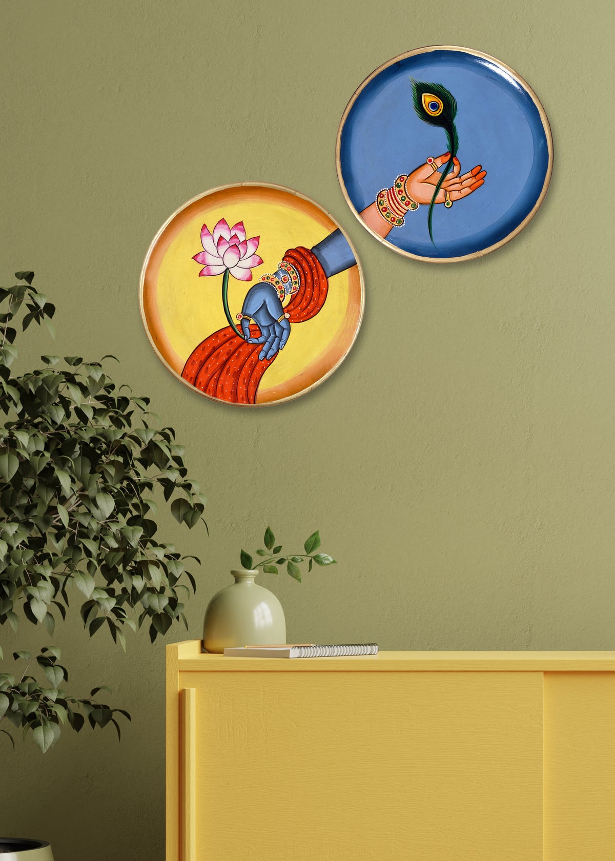 Handpainted Wooden Radha Krishna Pichwai Plate, Indian Decor, Set of 2