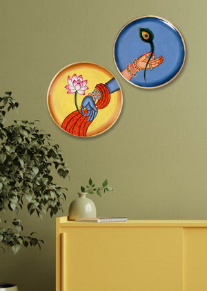 Handpainted Wooden Radha Krishna Pichwai Plate, Indian Decor, Set of 2