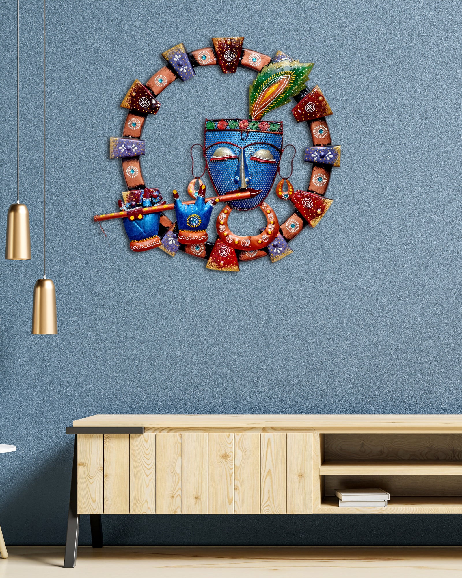 Metal Krishna Playing Flute Wall Art for Home Decor & Gift 19 x 19 Inch