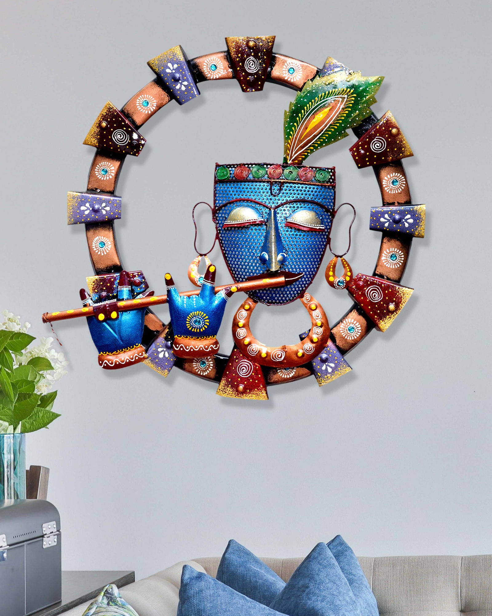 Metal Krishna Playing Flute Wall Art for Home Decor & Gift 19 x 19 Inch