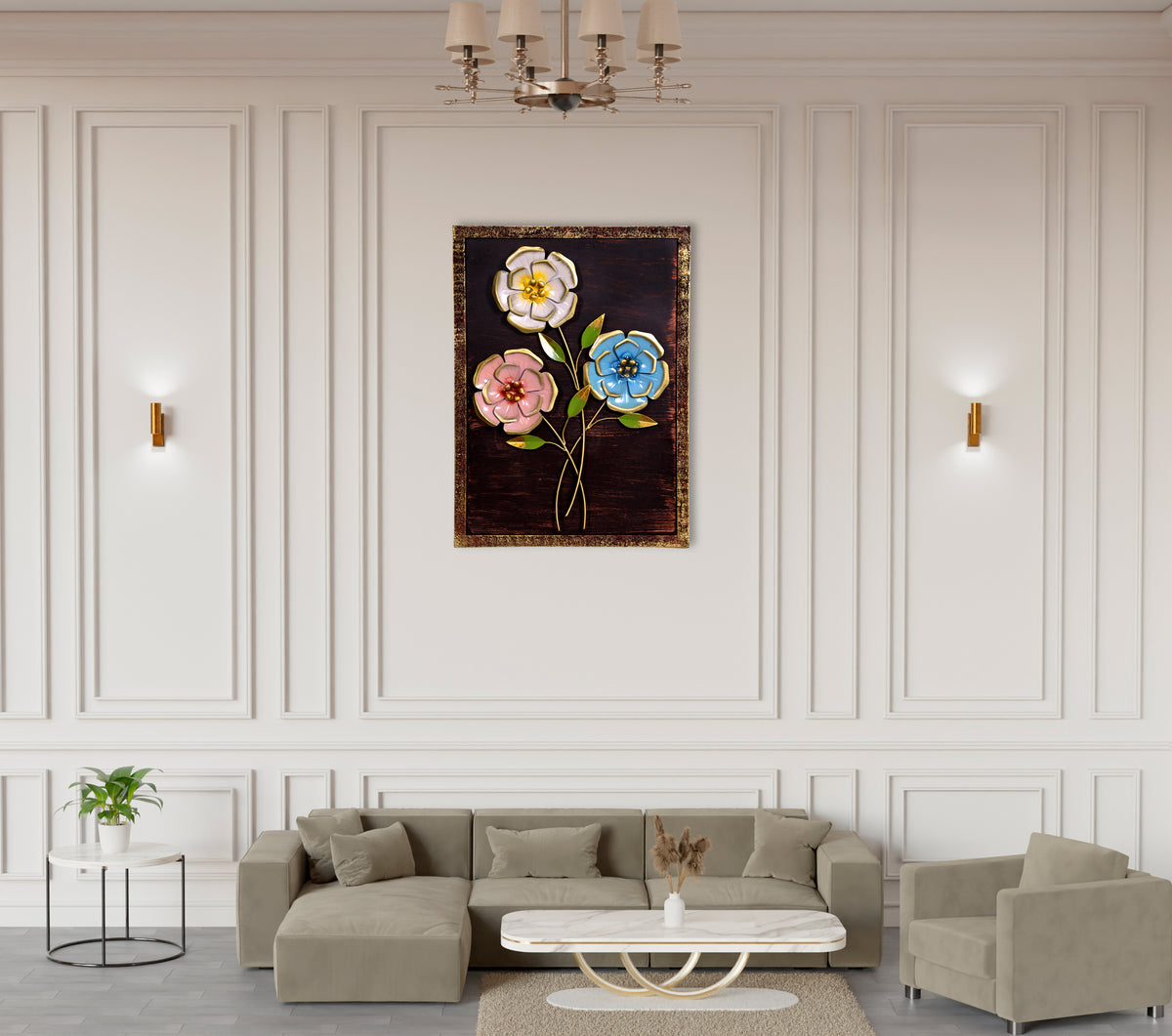 Metal Luxury Flower Wall Art with Wooden Frame for Home Decor