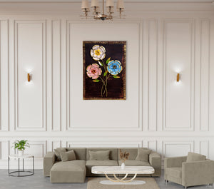 Metal Luxury Flower Wall Art with Wooden Frame for Home Decor