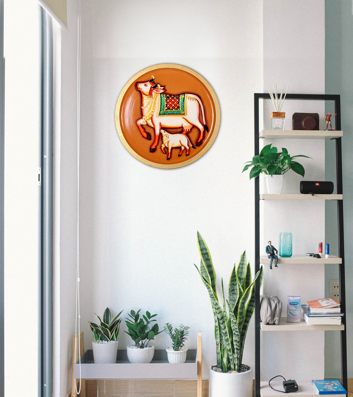 Pichwai Kamdhenu Cow With Calf Wall Plate, Home Warmimg Gift, Holy Cow Idol, Ethnic Wall Art