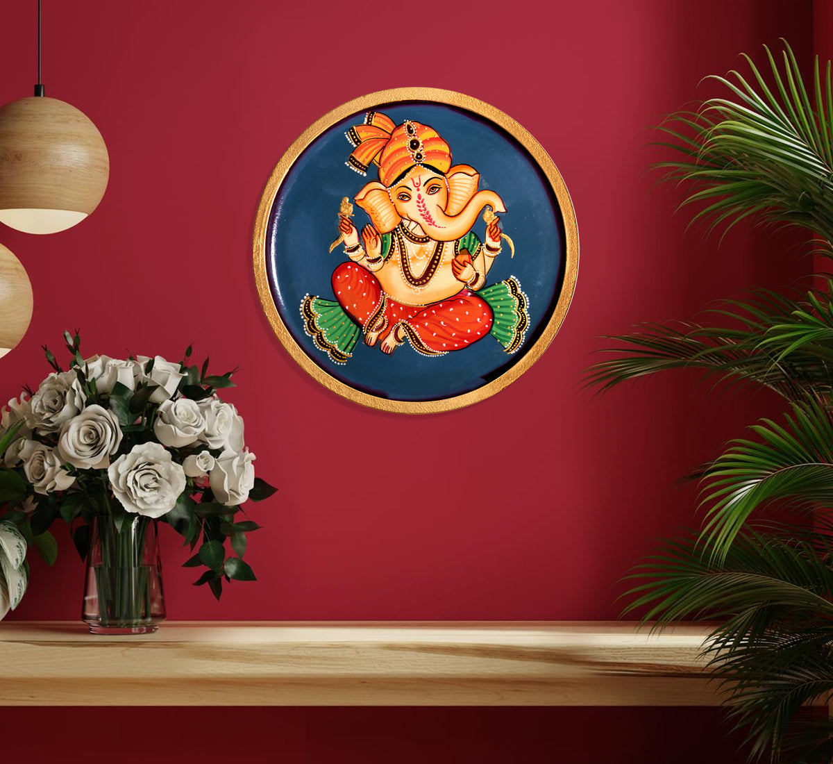 Kalamkari Lord Ganesha Wooden Wall Art, Hindu Decor, 10-Inch