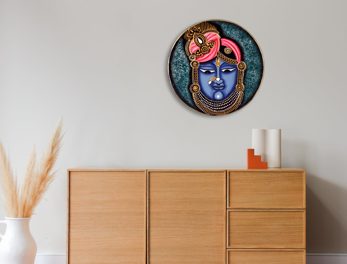Handmade Shreenath Ji Pichwai Painting, Indian Folk Art Wooden Wall Plate