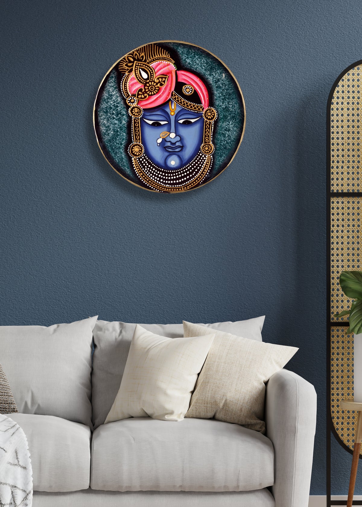 Handmade Shreenath Ji Pichwai Painting, Indian Folk Art Wooden Wall Plate