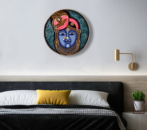 Handmade Shreenath Ji Pichwai Painting, Indian Folk Art Wooden Wall Plate