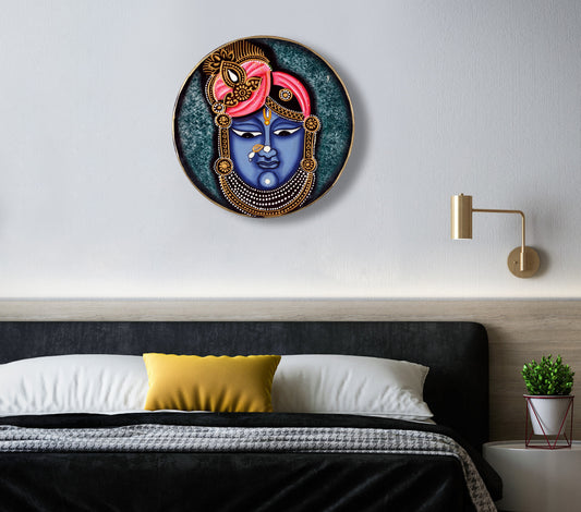 Handmade Shreenath Ji Pichwai Painting, Indian Folk Art Wooden Wall Plate