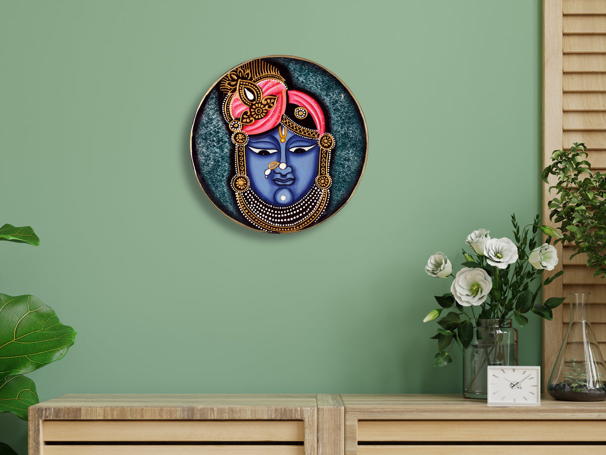 Handmade Shreenath Ji Pichwai Painting, Indian Folk Art Wooden Wall Plate