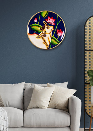 Handpainted Kamdhenu Pichwai Cow Art Indian Wooden Wall Decor Plate