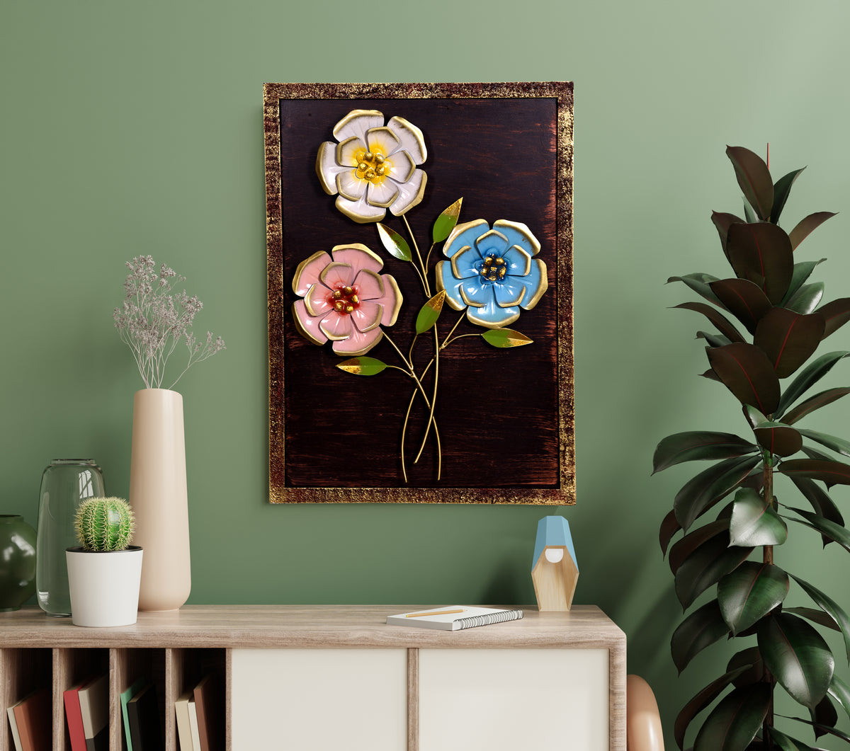 Metal Luxury Flower Wall Art with Wooden Frame for Home Decor