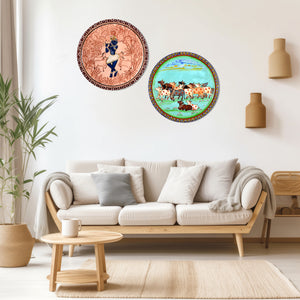 Wooden Krishna Pichwai Wall Plate Set of 2 Kamdhenu Cow For Home Decor