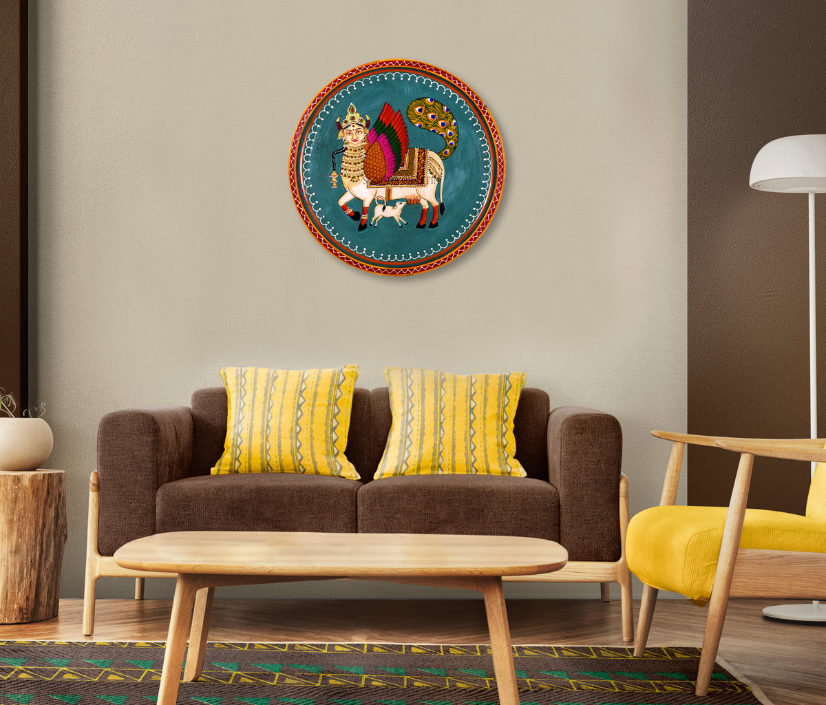 Handpainted Kamdhenu Cow Wooden Wall Plate, Homewarmimg Gift, Holy Cow Idol, Ethnic Wall Art
