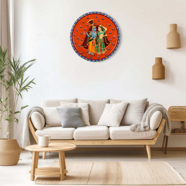 Handpainted Radha Krishna Wooden Wall Decor, Pichwai Wooden Wall Plate