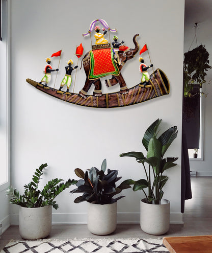 Craftowl Elephant Baarat Wall Hanging Large Metal Emboss Painting Rajasthani Wall Decor Handmade Indian Home Decor Wedding Gift, 32x20 Inch