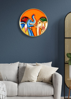 Elephant Pichwai Art, Hand Painted Wooden Wall Decor, Indian Handicraft