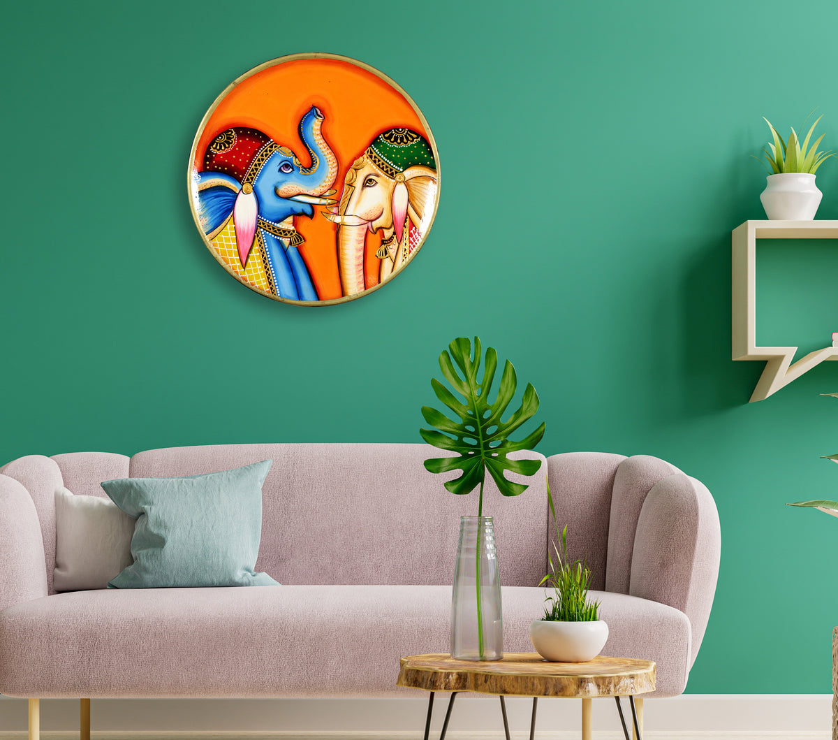 Elephant Pichwai Art, Hand Painted Wooden Wall Decor, Indian Handicraft