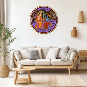 Wooden Radha Krishna Pichwai Wall Plate Set of 2 Traditional Indian Art