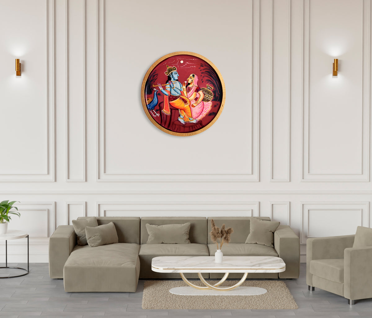 Handpainted Radha Krishna Pichwai Wooden Wall Plate For Home Decor