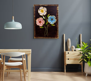 Metal Luxury Flower Wall Art with Wooden Frame for Home Decor