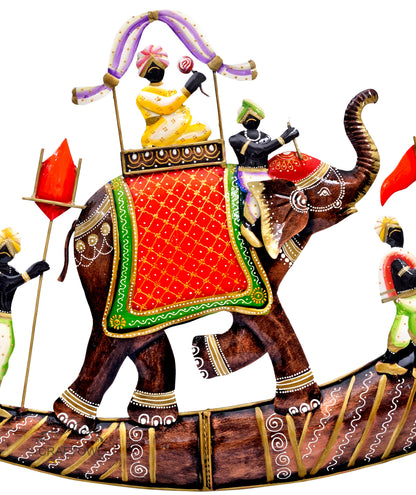 Craftowl Elephant Baarat Wall Hanging Large Metal Emboss Painting Rajasthani Wall Decor Handmade Indian Home Decor Wedding Gift, 32x20 Inch